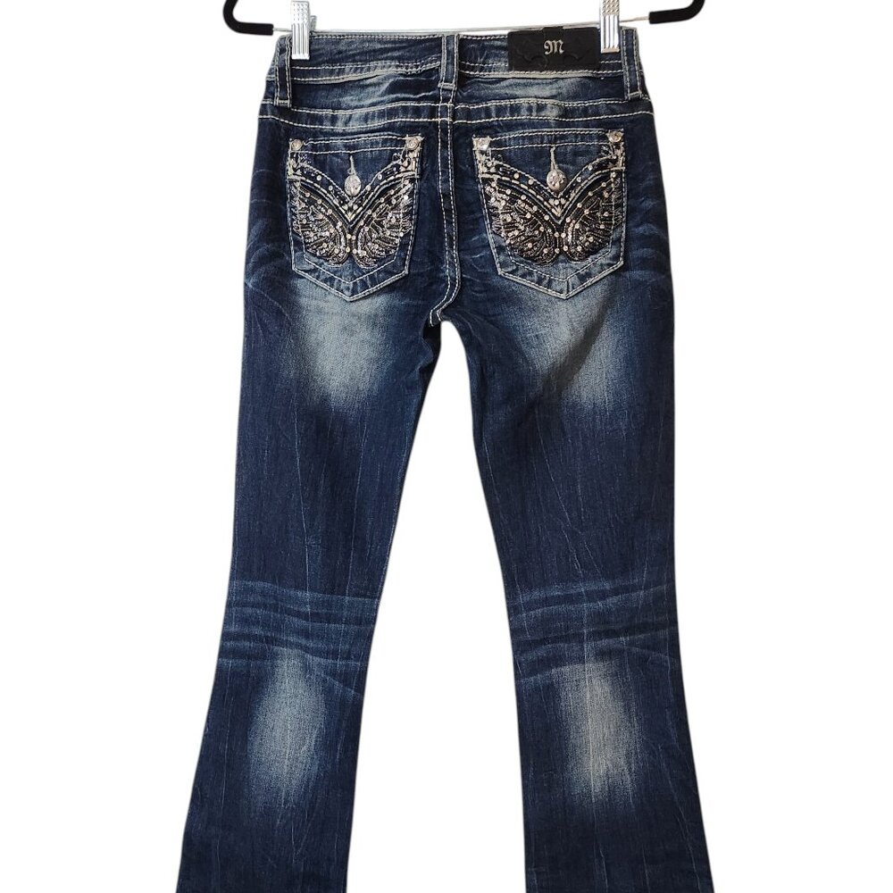 Like New MISS ME Dark Wash Wing Design Jeweled Pocket Boot Cut Jeans 25X31.5